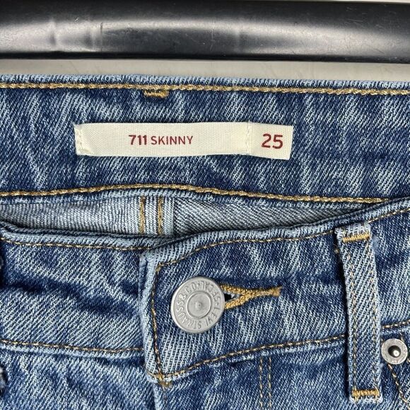 LEVIS 711 Jeans Womens 25 Long Skinny Distressed Blue Denim 8" Rise Medium Wash - Picture 5 of 8